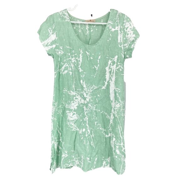 Lands Downunder Women S 100% Linen Dress Italy Green Abstract Print Side Slits - Picture 1 of 9